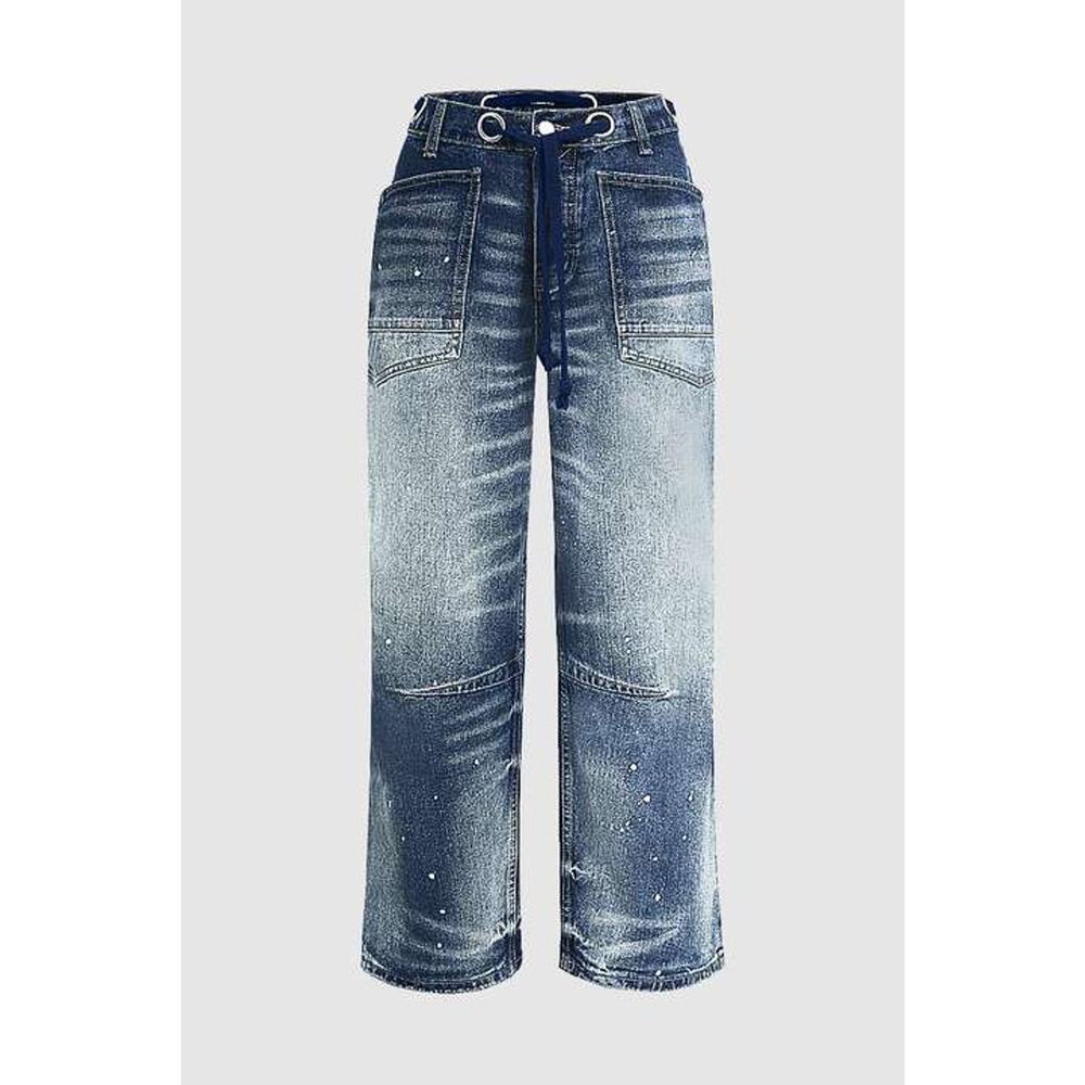Flamingals Drawstring Grommet Eyelet Mid Waist Barrel Jeans - Picture 3 of 5